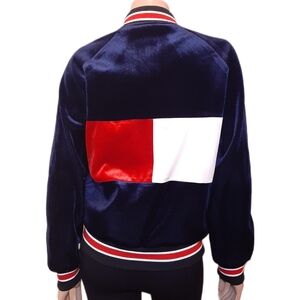 Retro Velour Bomber Jacket Color Block Snap Button Front Coat Blue Red